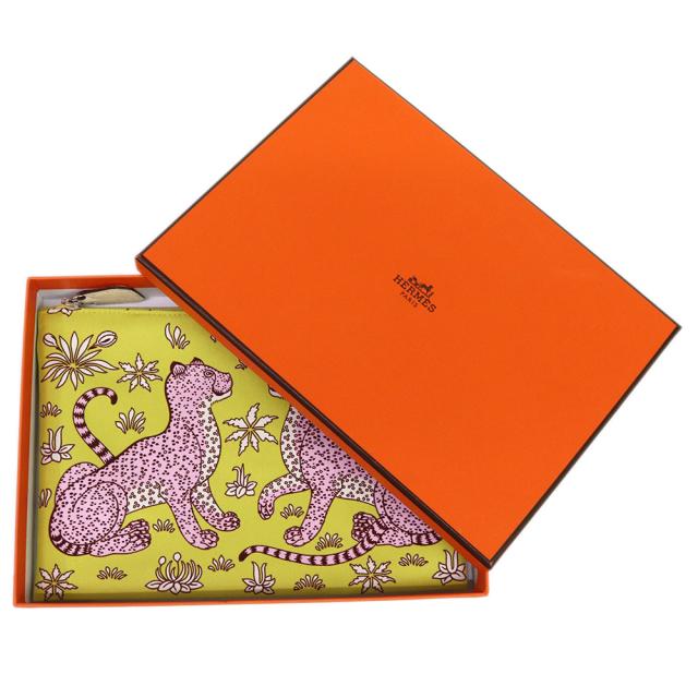 （未使用保管品）HERMES エルメス シルキーポケット ポーチ レオパード LES LEOPARDS コスメ 化粧 フラット ポーチ シルク100％ ヴォーエプソン ジョーヌシトロン モーヴペール ナタ イエロー レザー シルバー金具 U刻印 箱付_1