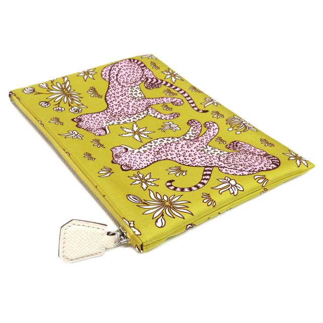 （未使用保管品）HERMES エルメス シルキーポケット ポーチ レオパード LES LEOPARDS コスメ 化粧 フラット ポーチ シルク100％ ヴォーエプソン ジョーヌシトロン モーヴペール ナタ イエロー レザー シルバー金具 U刻印 箱付_3