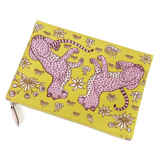 （未使用保管品）HERMES エルメス シルキーポケット ポーチ レオパード LES LEOPARDS コスメ 化粧 フラット ポーチ シルク100％ ヴォーエプソン ジョーヌシトロン モーヴペール ナタ イエロー レザー シルバー金具 U刻印 箱付_4