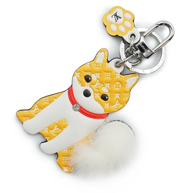 （未使用　展示品）LOUIS VUITTON ルイ ヴィトン M01199 ポルト クレ LV シバ 柴犬 カーフスキン モノグラム ミンクファー イエロー ホワイト キーホルダー キーリング バッグチャーム レザー シルバー金具 箱付
