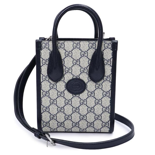 （未使用　展示品）GUCCI グッチ 671623 インターロッキングG ミニ 2way ショルダー トートバッグ GGスプリームキャンバス レザー ネイビー ベージュ 斜め掛け シルバー金具