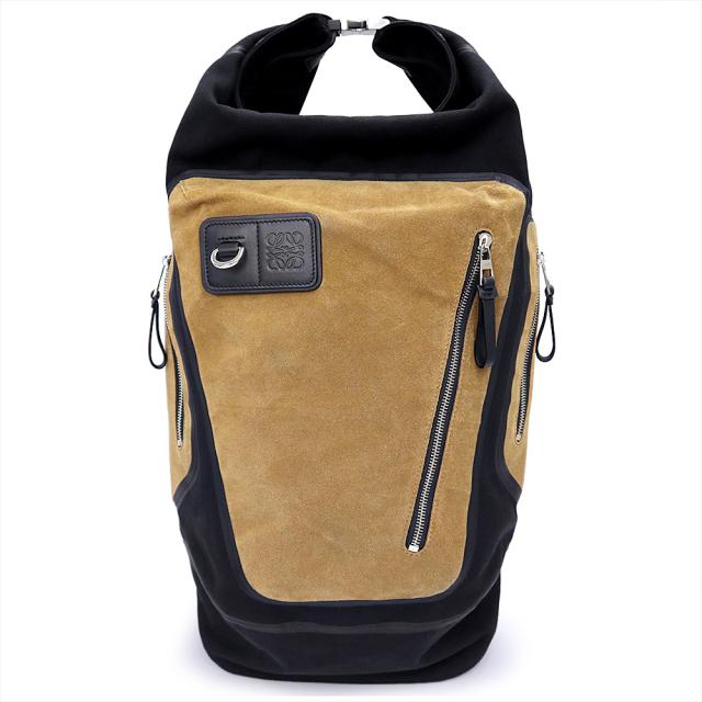 （美品）LOEWE ロエベ B000W87X01 フレックス ロールトップ コットンキャンバス スウェード ブラック ダークゴールド リュック デイパック バックパック シルバー金具