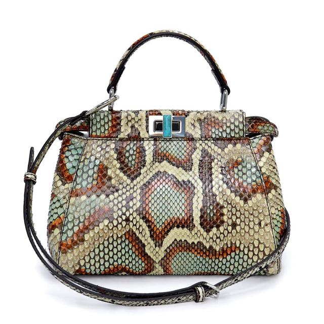 （未使用　展示品）FENDI フェンディ 8BN244 ピーカブー ミニ パイソン ナッパレザー ベージュ 2Way 斜め掛け ショルダー ハンドバッグ エキゾチックレザー シルバー金具