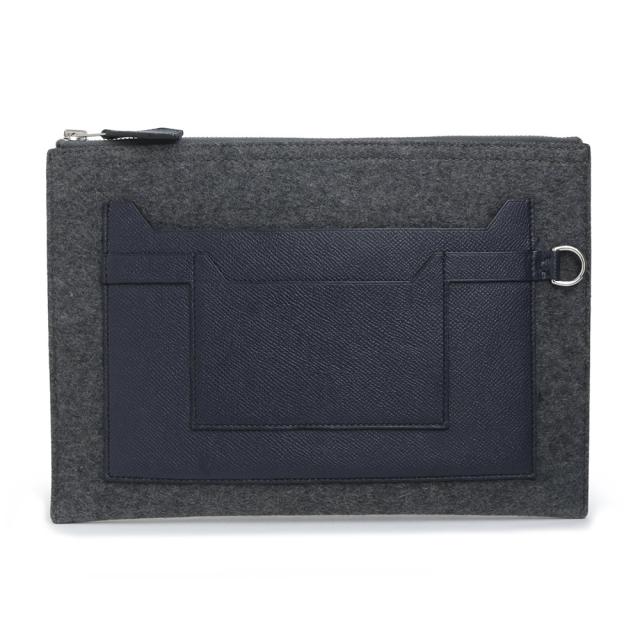 （未使用　展示品）HERMES エルメス トゥードゥー 29 ヴォーエプソン フェルト Gris Moyen グリ モワイヤン Blue Indigo ブルーインディゴ X刻印 クラッチバッグ セカンド レザー シルバー金具