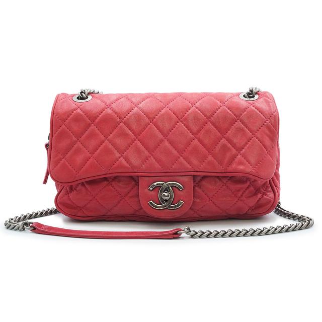 （中古）CHANEL シャネル A67373 ココマーク マトラッセ フラップ ダブルチェーン イリディッセント カーフスキン ピンク 2WAY ショルダーバッグ 斜め掛け レザー アンティークシルバー金具