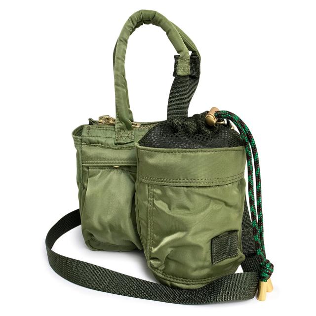 （中古）Sacai サカイ 22-0511S ポーター PORTER コラボ ボトル ポケット トート スモール ナイロン カーキ 2Way ショルダー ハンドバッグ 斜め掛け マットゴールド金具