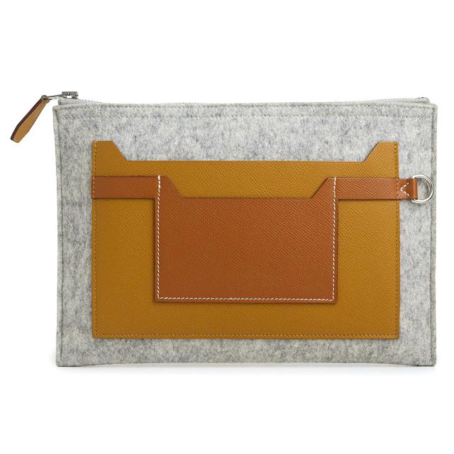（未使用　展示品）HERMES エルメス トゥードゥー 29 ヴォーエプソン フェルト Gray グレー ブラウン Gold ゴールド Jaune ambre ジョーヌアンブル Y刻印 クラッチバッグ セカンド レザー シルバー金具