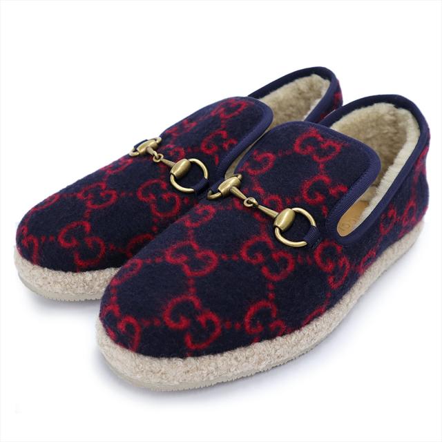 （未使用保管品）GUCCI グッチ ウール ボア ネイビー レッド ホースビット スリッポン シューズ 靴 #36 23cm アンティークゴールド金具 箱付