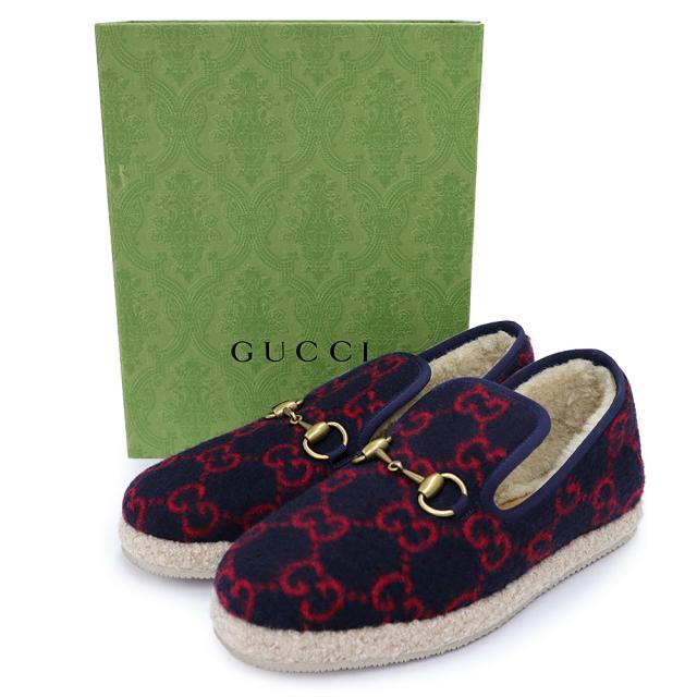 （未使用保管品）GUCCI グッチ ウール ボア ネイビー レッド ホースビット スリッポン シューズ 靴 #36 23cm アンティークゴールド金具 箱付_1