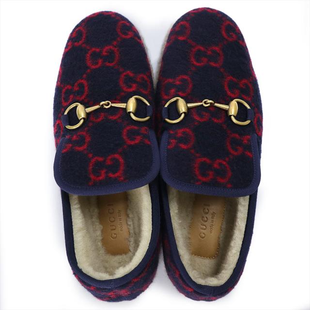 （未使用保管品）GUCCI グッチ ウール ボア ネイビー レッド ホースビット スリッポン シューズ 靴 #36 23cm アンティークゴールド金具 箱付_2