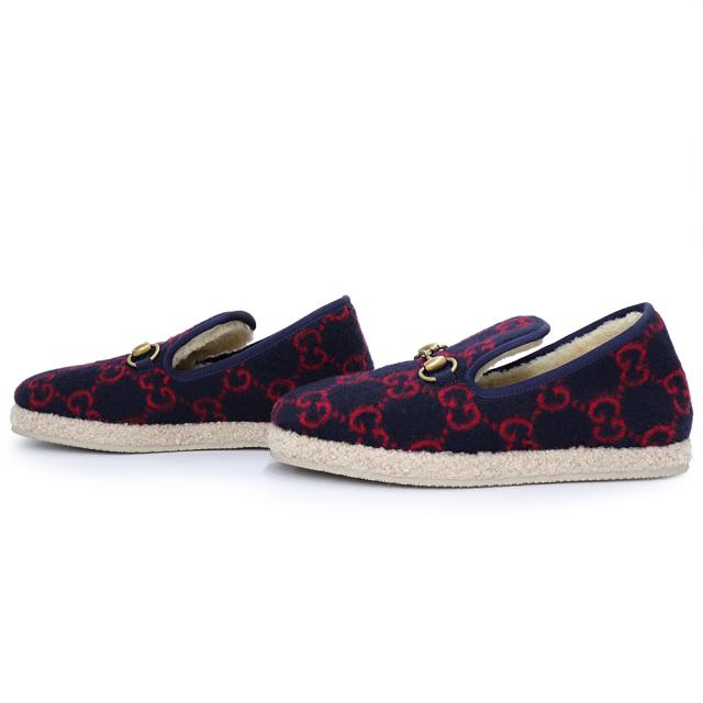 （未使用保管品）GUCCI グッチ ウール ボア ネイビー レッド ホースビット スリッポン シューズ 靴 #36 23cm アンティークゴールド金具 箱付_4