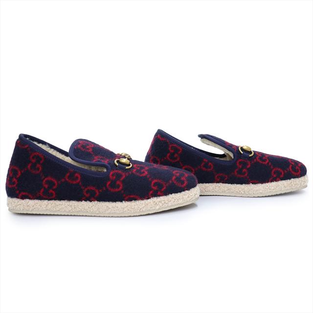 （未使用保管品）GUCCI グッチ ウール ボア ネイビー レッド ホースビット スリッポン シューズ 靴 #36 23cm アンティークゴールド金具 箱付_5