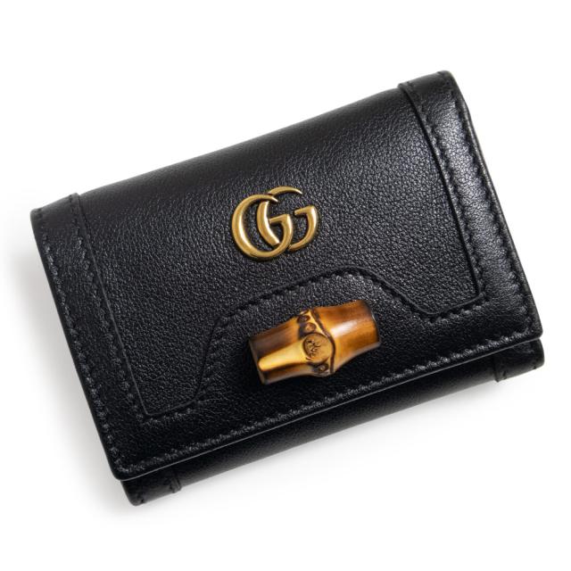 （新品・未使用品）GUCCI グッチ 658633 バンブー付き ミディアム ウォレット コンパクト レザー ブラック 三つ折り財布 アンティークゴールド金具 箱付