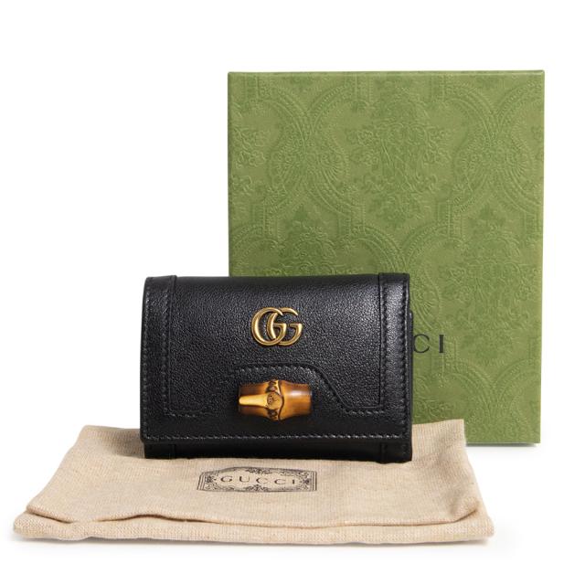 （新品・未使用品）GUCCI グッチ 658633 バンブー付き ミディアム ウォレット コンパクト レザー ブラック 三つ折り財布 アンティークゴールド金具 箱付_1