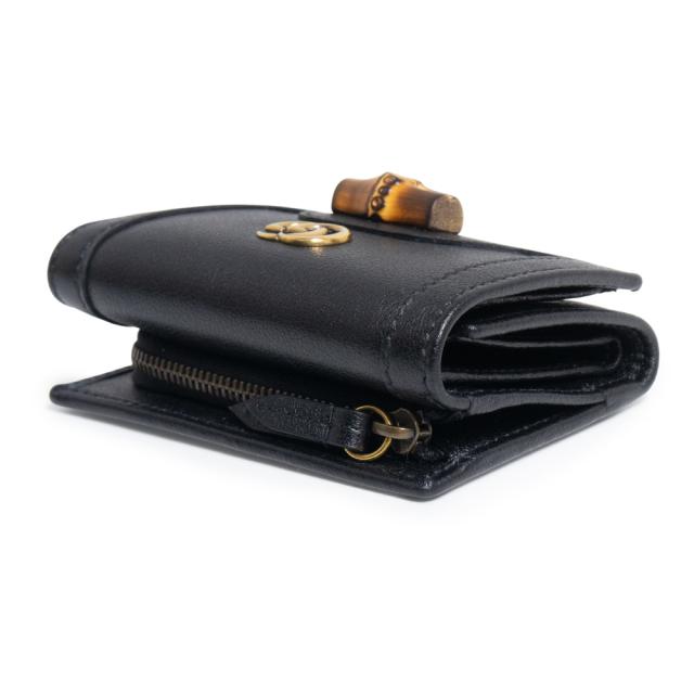 （新品・未使用品）GUCCI グッチ 658633 バンブー付き ミディアム ウォレット コンパクト レザー ブラック 三つ折り財布 アンティークゴールド金具 箱付_5
