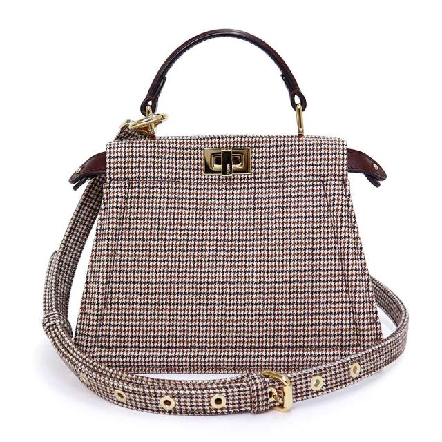 （未使用　展示品）FENDI フェンディ 8BN335 ピーカブー アイシーユー プチ ハウンドトゥース キャンバス レザー ブラウン 2Way ショルダー ハンドバッグ 斜め掛け ゴールド金具 箱付