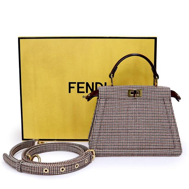 （未使用　展示品）FENDI フェンディ 8BN335 ピーカブー アイシーユー プチ ハウンドトゥース キャンバス レザー ブラウン 2Way ショルダー ハンドバッグ 斜め掛け ゴールド金具 箱付_1
