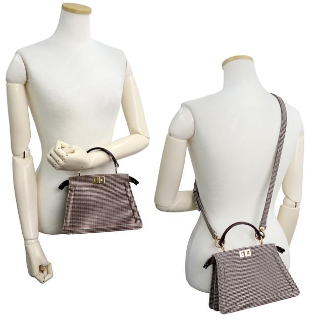 （未使用　展示品）FENDI フェンディ 8BN335 ピーカブー アイシーユー プチ ハウンドトゥース キャンバス レザー ブラウン 2Way ショルダー ハンドバッグ 斜め掛け ゴールド金具 箱付_7