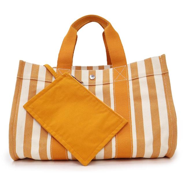 （美品）HERMES エルメス カンヌ MM コットン100％ キャンバス オレンジ ホワイト ハンドバッグ シルバー金具