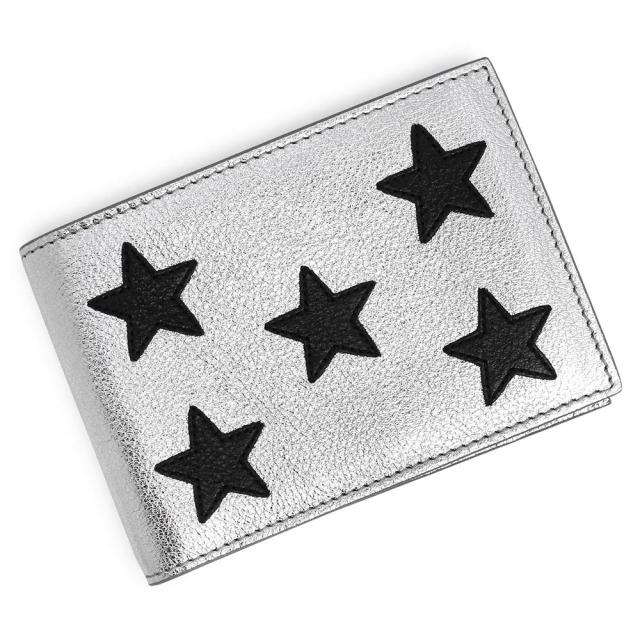 （未使用　展示品）SAINT LAURENT サンローラン 376237 RIDER スター 星 パッチワーク カーフスキン アルジェントシルバー ネロ ブラック 札入れ 二つ折り財布 レザー 箱付