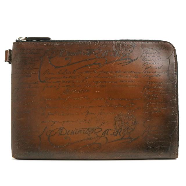 （中古）Berluti ベルルッティ NINO ニノ GM スクリット カリグラフィー ヴェネチアレザー CACAO INTENSO カカオインテンソ ブラウン クラッチバッグ セカンド シルバー金具