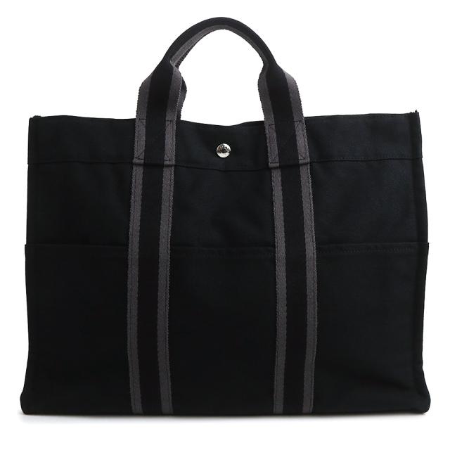 （中古）HERMES エルメス フールトゥ MM キャンバス ブラック グレー トート ハンドバッグ シルバー金具