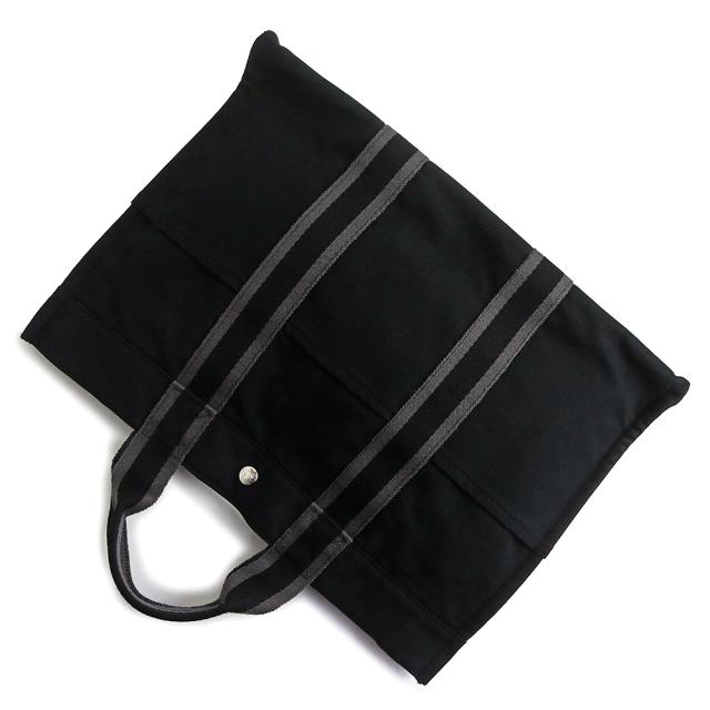 （中古）HERMES エルメス フールトゥ MM キャンバス ブラック グレー トート ハンドバッグ シルバー金具_4