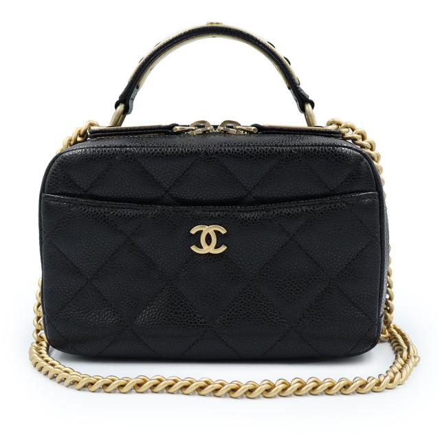 （未使用　展示品）CHANEL シャネル ココマーク マトラッセ バニティケース  クロスボディ カメラバッグ キャビアスキン ブラック 2WAY チェーン ショルダー ハンドバッグ 斜め掛け レザー アンティークゴールド金具 箱付