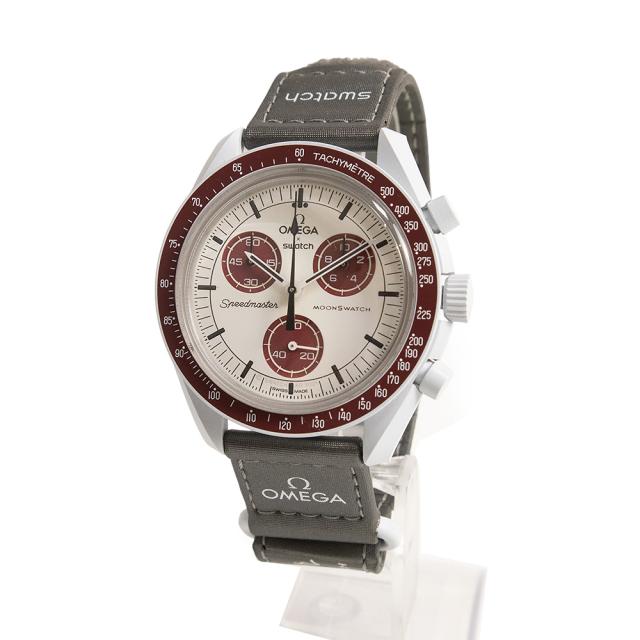 （美品）OMEGA オメガ SO33M101 スウォッチ Swatch ミッション トゥ プルート MISSION TO PLUTO スピードマスター ムーンスウォッチ ナイロン バイオセラミック ホワイト グレー ボルドー 腕時計 箱付
