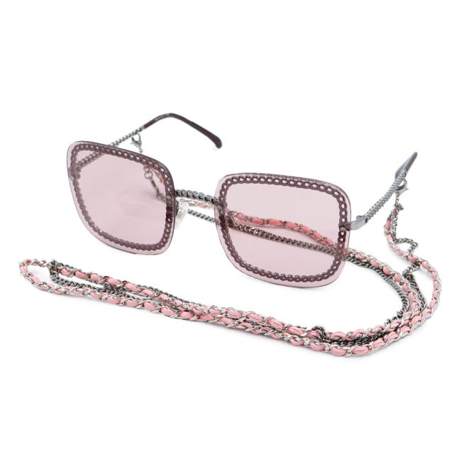 （美品）CHANEL シャネル 4244 A71291 チェーン ココマーク スクエア シェイプ アイウェア サングラス ピンク メタル シルバー 眼鏡