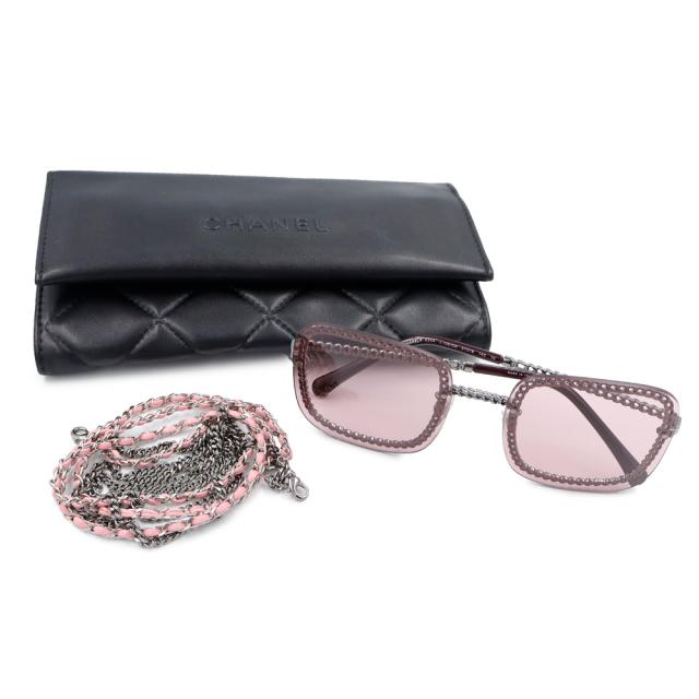 （美品）CHANEL シャネル 4244 A71291 チェーン ココマーク スクエア シェイプ アイウェア サングラス ピンク メタル シルバー 眼鏡_1