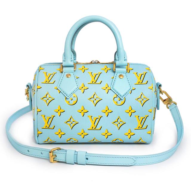 （美品）LOUIS VUITTON ルイ ヴィトン M25454 スピーディ バンドリエール 20 モノグラム カーフスキン バイカラー ベビーブルー イエロー 2WAY 斜め掛け ショルダー ハンドバッグ レザー ゴールド金具