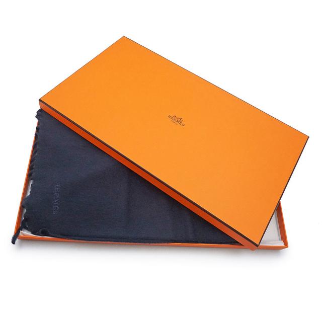 （未使用保管品）HERMES エルメス ユニ ブロデ カシミヤ 100％ マリン マリーヌ ネイビー フリンジ マフラー 箱付_1