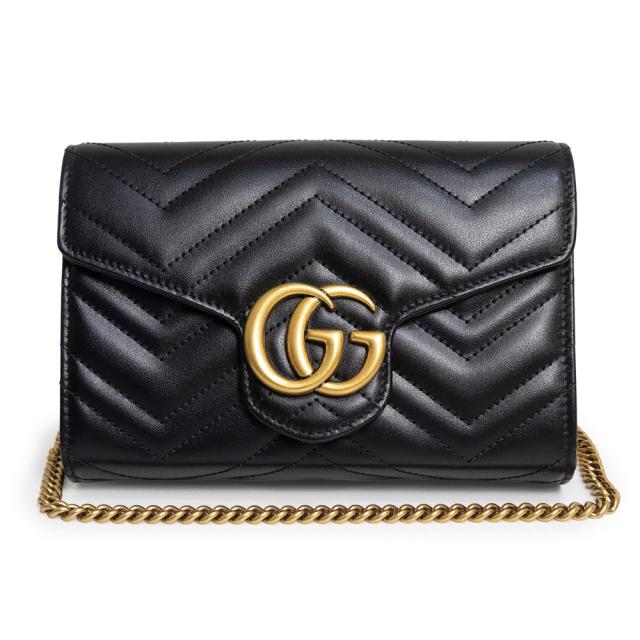 （新品・未使用品）GUCCI グッチ 474575 GGマーモント シェブロンレザー ブラック チェーンウォレット ショルダーバッグ 斜め掛け アンティークゴールド金具 箱付