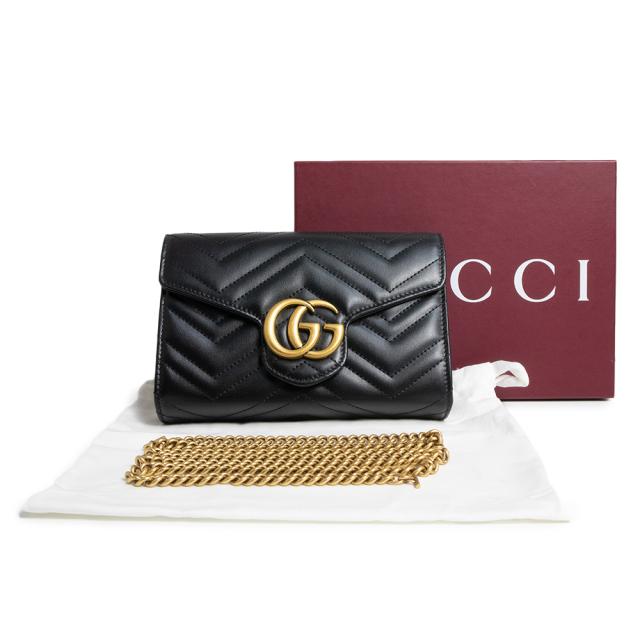 （新品・未使用品）GUCCI グッチ 474575 GGマーモント シェブロンレザー ブラック チェーンウォレット ショルダーバッグ 斜め掛け アンティークゴールド金具 箱付_1