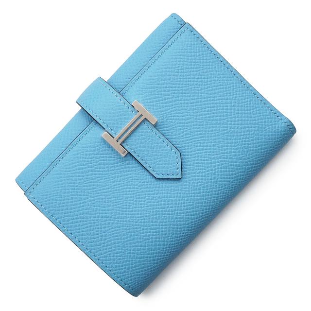 （新品・未当てはめる品）HERMES エルメス ベアン コンビネ パウダーコンパクト ヴォーエプソン セレスト セレステ 青味 W目じるし 三つ折り紙入れ なめし革 しろがね色金具 箱付