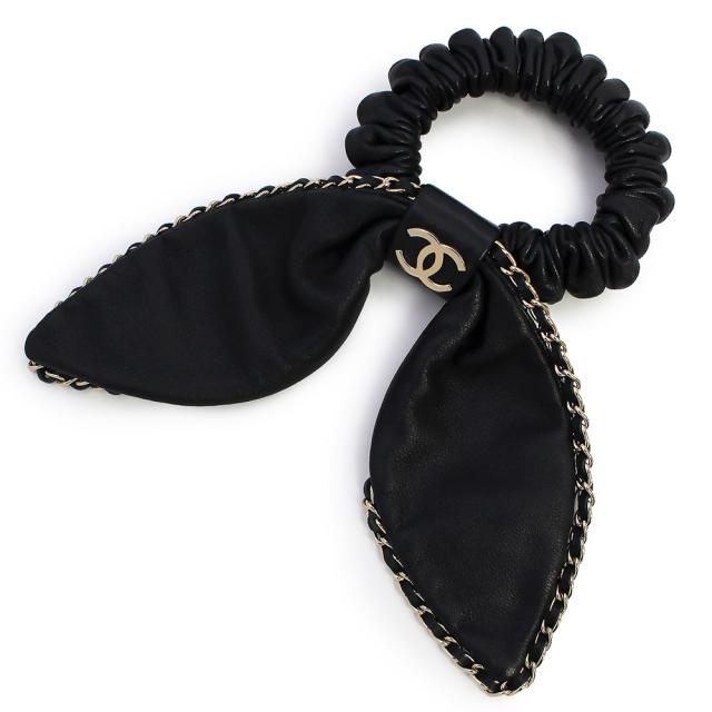 （未使用　展示品）CHANEL シャネル AA8258 リボン ココマーク チェーン ラムスキン ブラック シュシュ ヘアアクセサリー レザー ゴールド金具