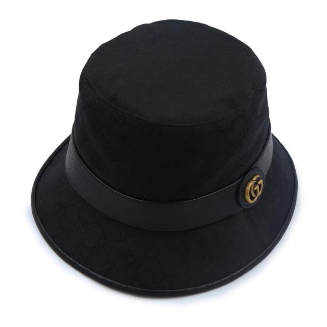 （未使用保管品）GUCCI グッチ 576587 ダブルG バケット フェドラハット 帽子 Mサイズ オリジナルGGキャンバス レザー ブラック アンティークゴールド金具