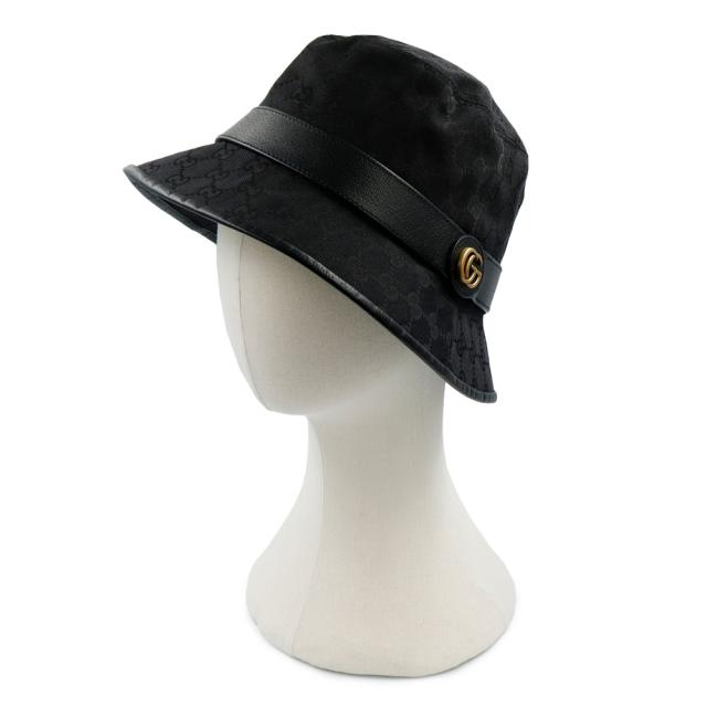 （未使用保管品）GUCCI グッチ 576587 ダブルG バケット フェドラハット 帽子 Mサイズ オリジナルGGキャンバス レザー ブラック アンティークゴールド金具_4