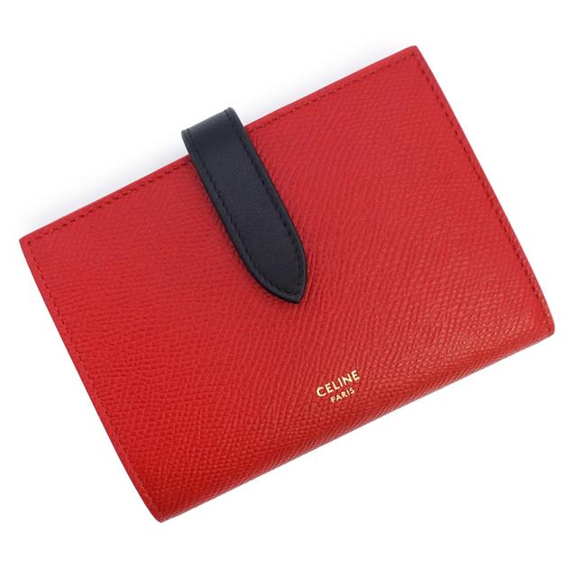 （未使用　展示品）CELINE セリーヌ 10B643BRU ミディアム ストラップウォレット グレインカーフレザー レッド ブラック 二つ折り財布 ゴールド金具