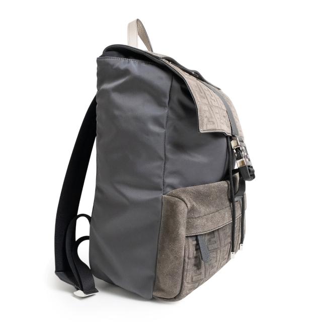 （中古）FENDI フェンディ 7VZ066 フェンディネス ナイロン スウェード レザー グレー ブラック リュック デイパック バックパック シルバー金具_3