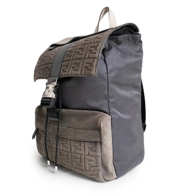 （中古）FENDI フェンディ 7VZ066 フェンディネス ナイロン スウェード レザー グレー ブラック リュック デイパック バックパック シルバー金具_4