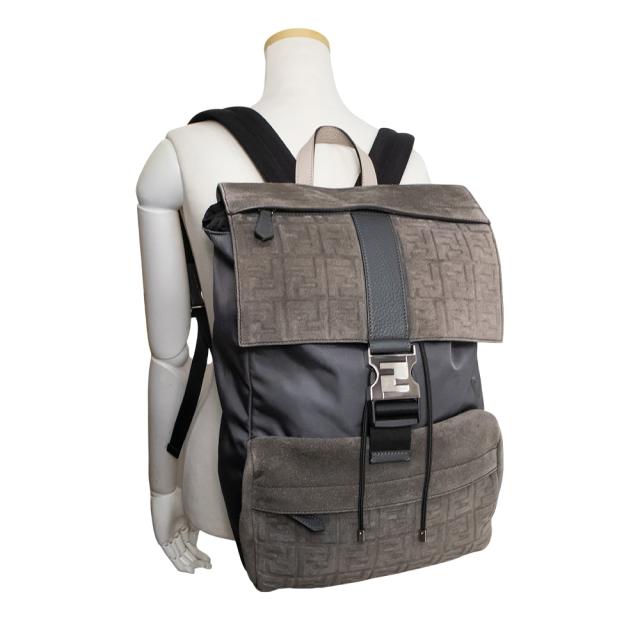 （中古）FENDI フェンディ 7VZ066 フェンディネス ナイロン スウェード レザー グレー ブラック リュック デイパック バックパック シルバー金具_7