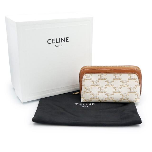 （新品・未使用品）CELINE セリーヌ 4M1622CZJ スモール コスメティックポーチ トリオンフキャンバス カーフスキン ホワイト ブラウン 化粧ポーチ レザー ゴールド金具 箱付_1