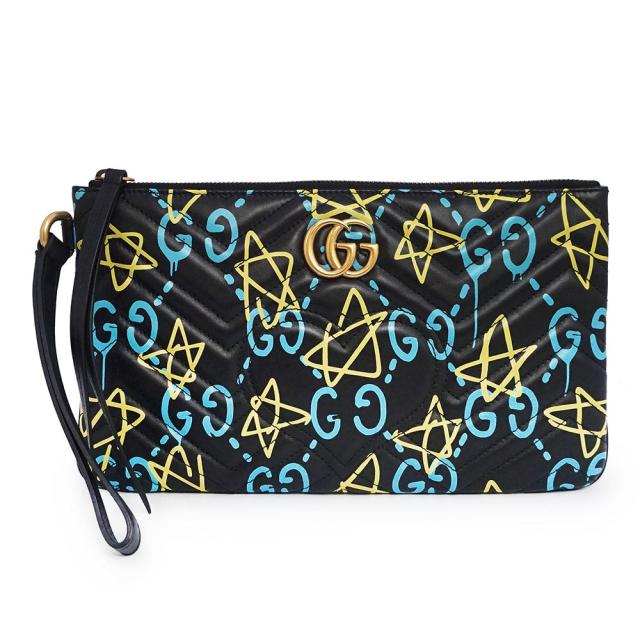 （新品・未使用品）GUCCI グッチ 448088 GGマーモント ゴースト ハートステッチ キルティングレザー ブラック ブルー イエロー セカンド クラッチバッグ アンティークゴールド金具
