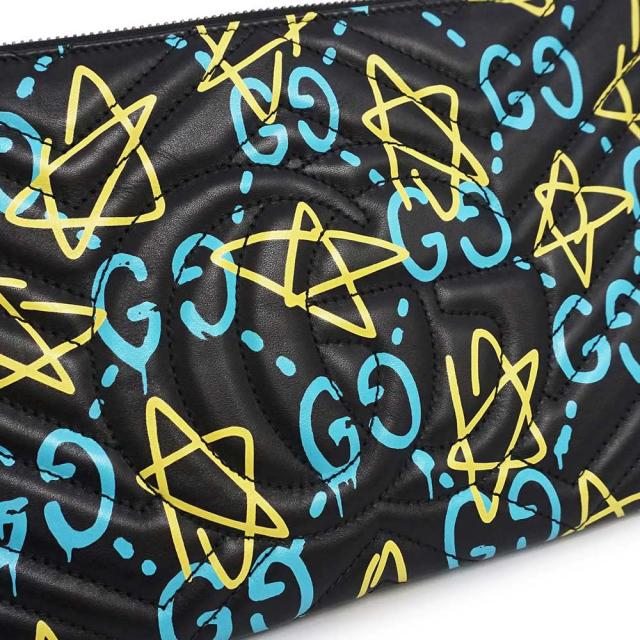 （新品・未使用品）GUCCI グッチ 448088 GGマーモント ゴースト ハートステッチ キルティングレザー ブラック ブルー イエロー セカンド クラッチバッグ アンティークゴールド金具_9
