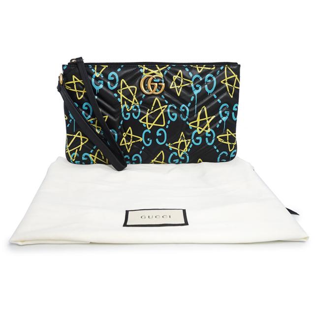 （新品・未使用品）GUCCI グッチ 448088 GGマーモント ゴースト ハートステッチ キルティングレザー ブラック ブルー イエロー セカンド クラッチバッグ アンティークゴールド金具_1