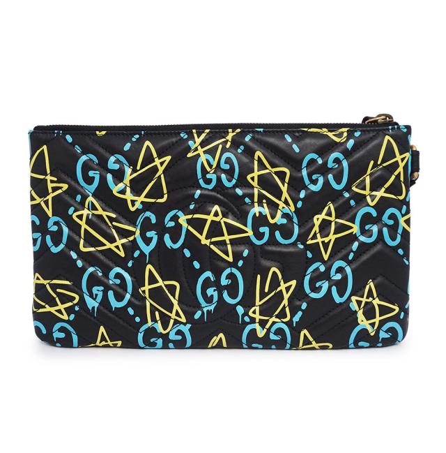 （新品・未使用品）GUCCI グッチ 448088 GGマーモント ゴースト ハートステッチ キルティングレザー ブラック ブルー イエロー セカンド クラッチバッグ アンティークゴールド金具_5