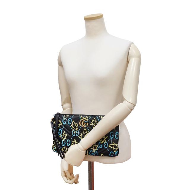 （新品・未使用品）GUCCI グッチ 448088 GGマーモント ゴースト ハートステッチ キルティングレザー ブラック ブルー イエロー セカンド クラッチバッグ アンティークゴールド金具_7