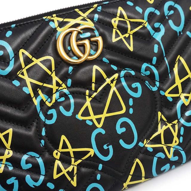 （新品・未使用品）GUCCI グッチ 448088 GGマーモント ゴースト ハートステッチ キルティングレザー ブラック ブルー イエロー セカンド クラッチバッグ アンティークゴールド金具_8